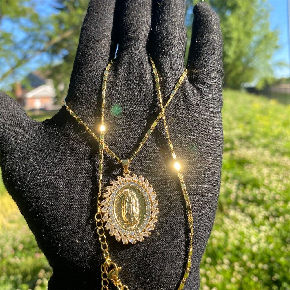 Our Lady of Guadalupe 18k Gold-Plated Necklace 20" Oval Pendant with Rhinestones